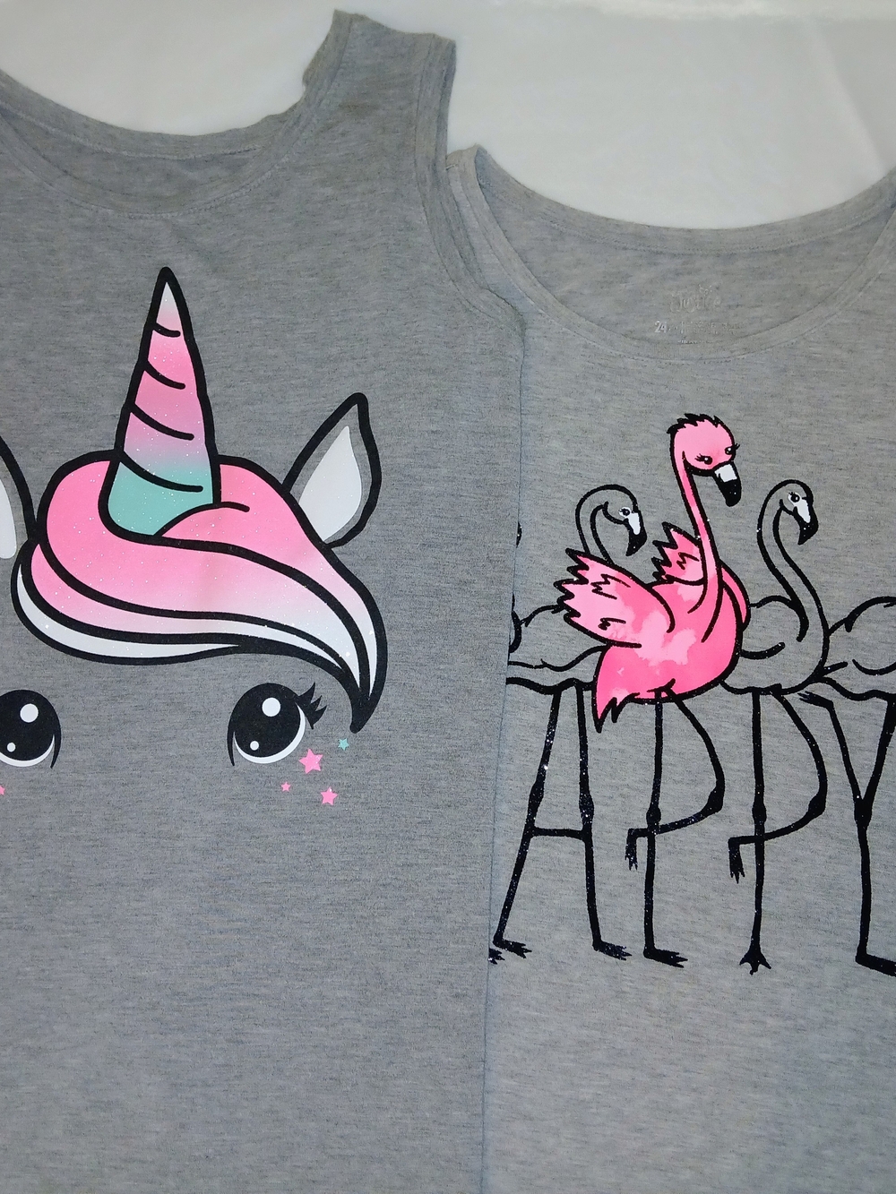 Justice Grey Tank Tops with Pink Unicorn & Flamingo Graphics